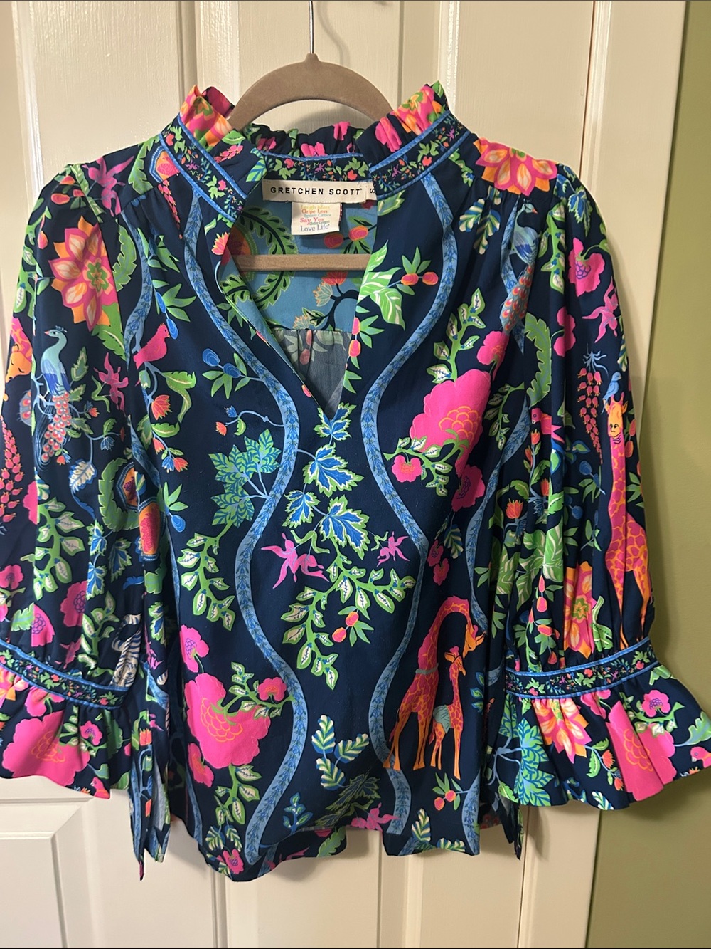 Gretchen Scott Designs Navy Floral & Animal Print Ruffle-Sleeve Blouse